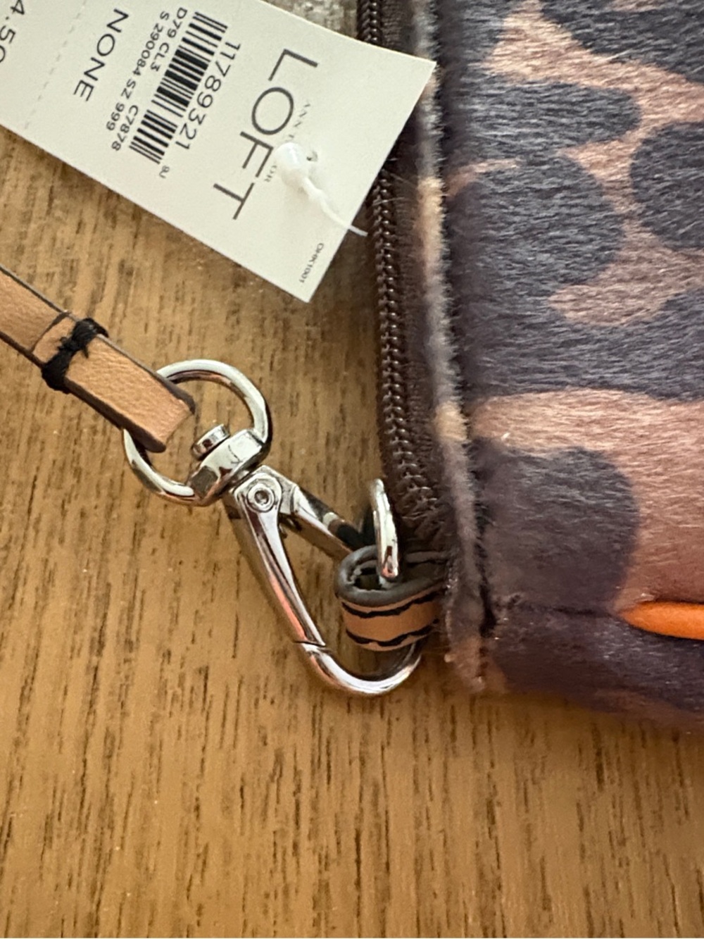 Ann Taylor LOFT Brown and Black Leopard Print Wristlet with Orange Trim - Picture 3 of 6